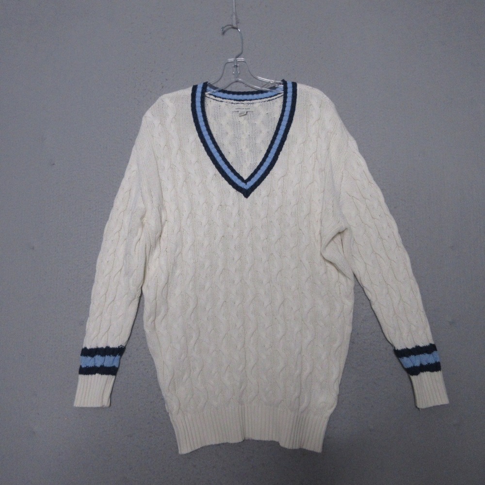 American Eagle Sweater Women V-Neck Cable Knit Tennis Varsity‎ Preppy Cricket